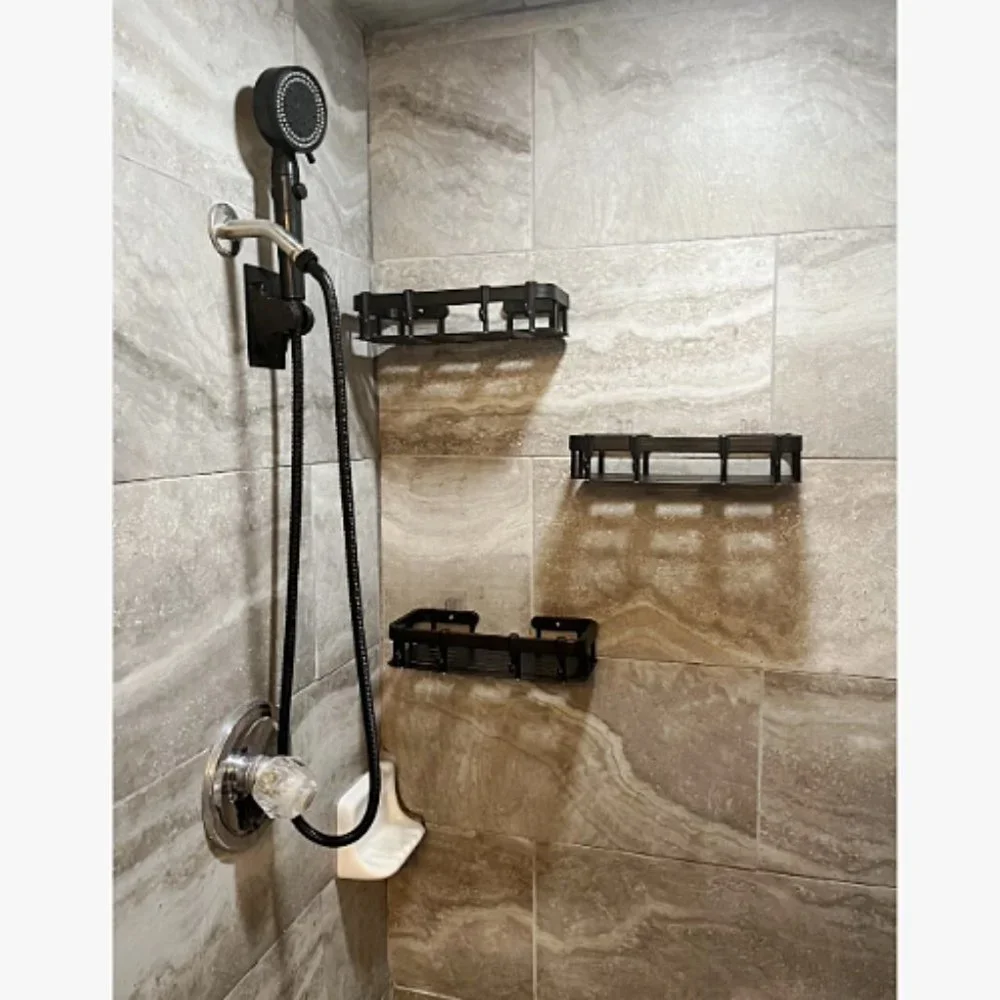 🆕 1pc Adhesive Black Shower Caddy, Bathroom Shelf, Toiletry Organizer Rack